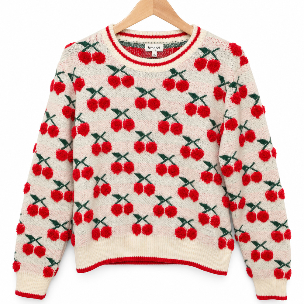 &Merci Fuzzy Cherry Sweater Womens Size Large White Cherry Print Whimsy NWT